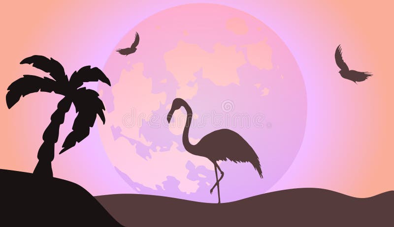 Vector silhouette of a flamingo with moon and palm background. Can be used for travel or safari banner, poster design, desktop vector illustration Vector silhouette of a flamingo with moon and palm background. Can be used for travel or safari banner, poster design, desktop vector illustration