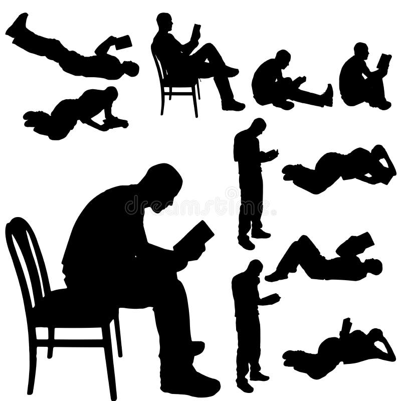 Vector silhouette of a man who is reading a book. Man reading magazine vectors