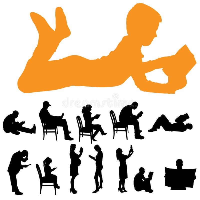 Vector silhouette of a people who are reading on white background. Man reading magazine vectors