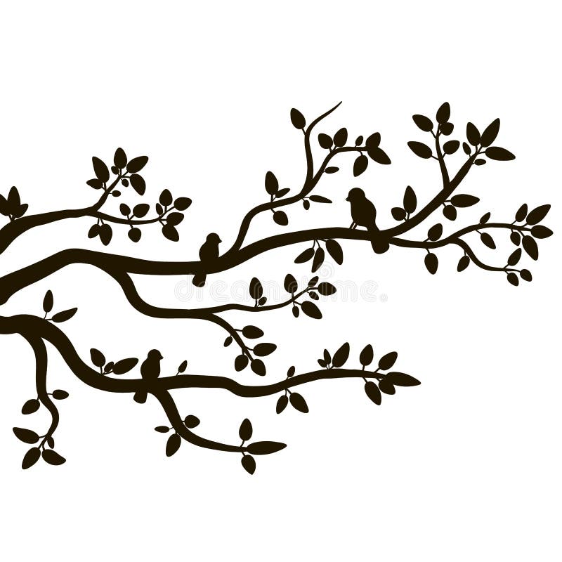 Vector silhouette of spring birds sitting on twig of tree. Decorative branch of tree with birds.