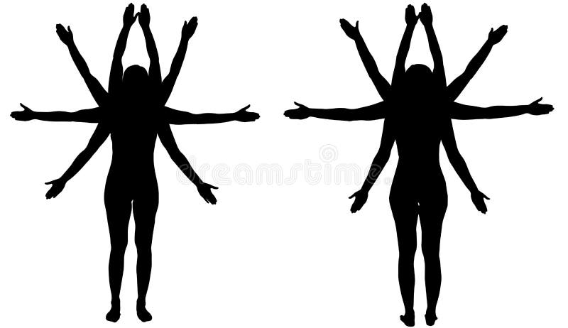 Vector Silhouette of a woman who has many hands. Vitruvian couple vectors