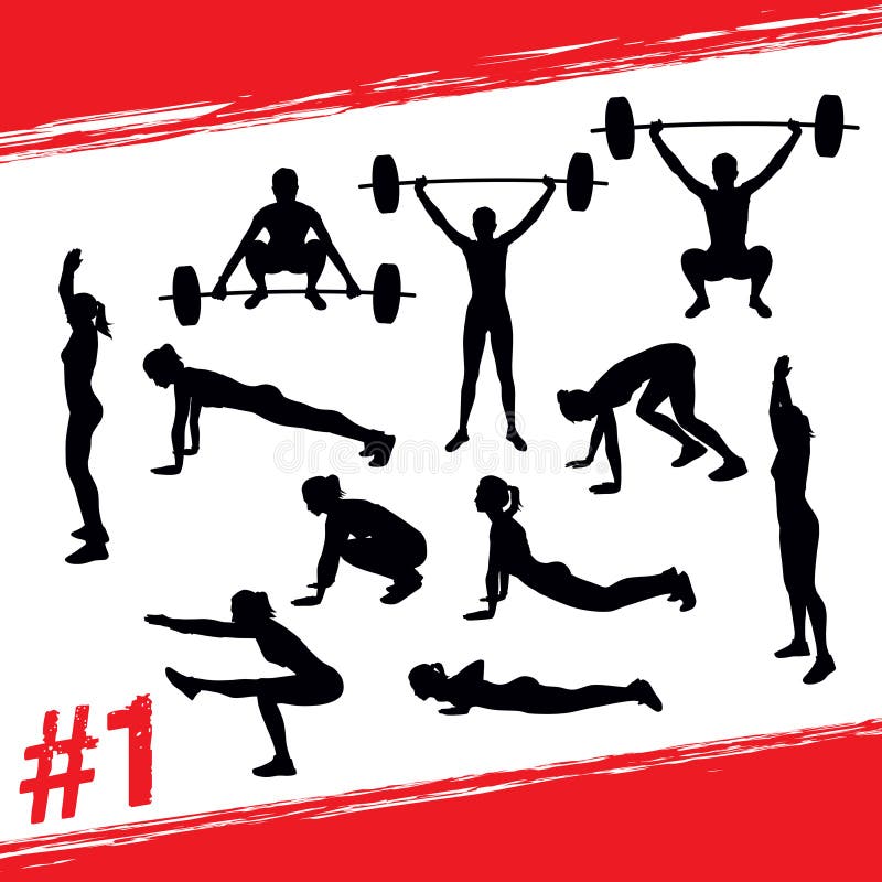 Vector silhuetas dos povos que fazem exercícios da aptidão e do crossfit ilustração royalty free Vector silhuetas dos povos que fazem exercícios da aptidão e do crossfit ilustração royalty free