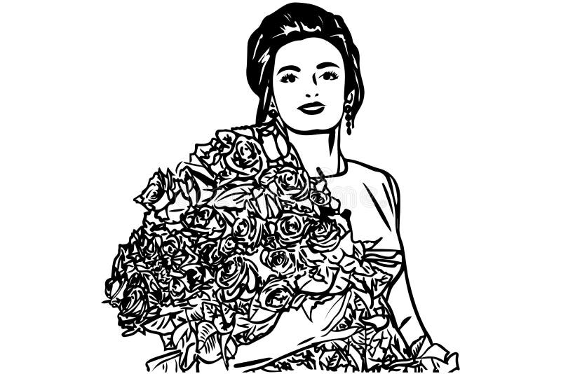 Vector sketch of a beautiful girl with a bouquet of roses royalty free illustration Vector sketch of a beautiful girl with a bouquet of roses royalty free illustration