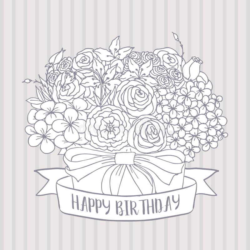 Vector sketch, bouquet with happy birthday wish