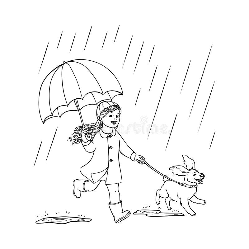 Cute girl and rainy season line drawing... - Stock Illustration [89618729]  - PIXTA