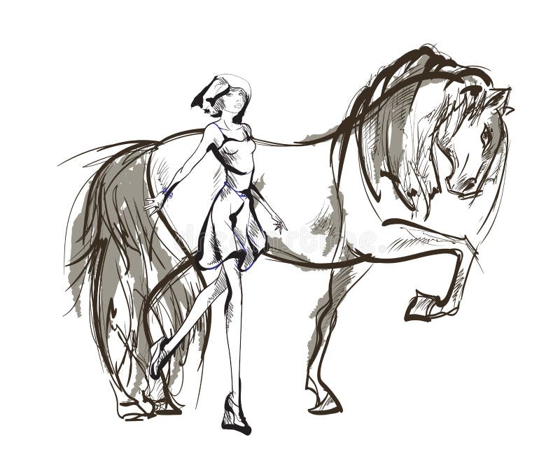 Vector sketch of the girl and white horse