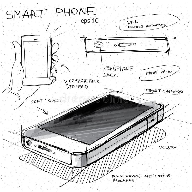 Vector sketch illustration - smartphone with touchscreen display stock illustration