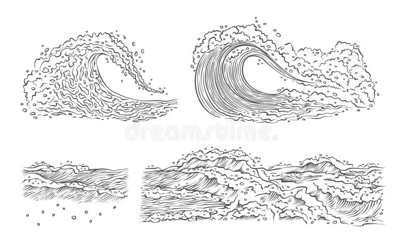 Vector sketch waves sea ocean. Big and small splash with foam and bubbles. Outline isolated set black white illustration.