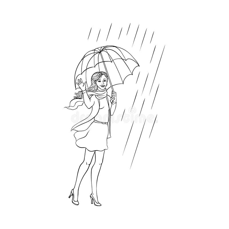Vector Sketch Young Woman Walking Umbrella Rain Stock Vector