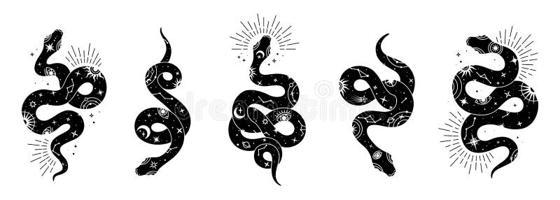 Vector snake set of mystical magic objects- moon, eyes, constellations, sun and stars. Spiritual occultism symbols