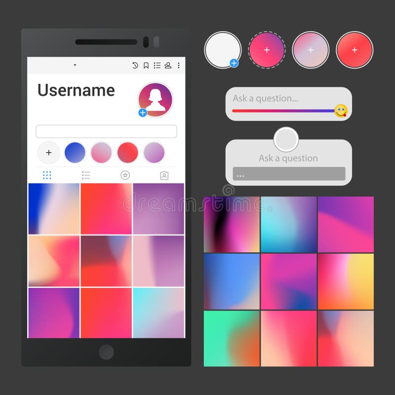 Vector social media interface. Post backgrounds, slider, question area and stories buttons templates for application - stock illustration Vector social media interface. Post backgrounds, slider, question area and stories buttons templates for application - stock illustration