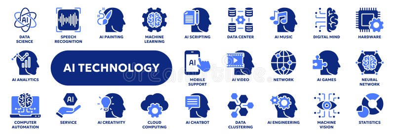 Vector solid icons of artificial intelligence and machine learning stock illustration