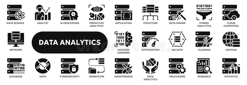 Vector solid icons of data analytics and statistics stock illustration