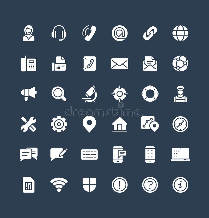 Vector solid icons set with contact us, technical support service flat symbols. vector illustration