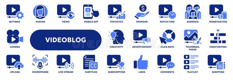 Vector solid icons of video blogging stock illustration