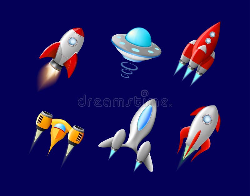 Vector spaceship and UFO vector set in cartoon style. Rocket and spacecraft, futuristic transportation, collection ship royalty free illustration