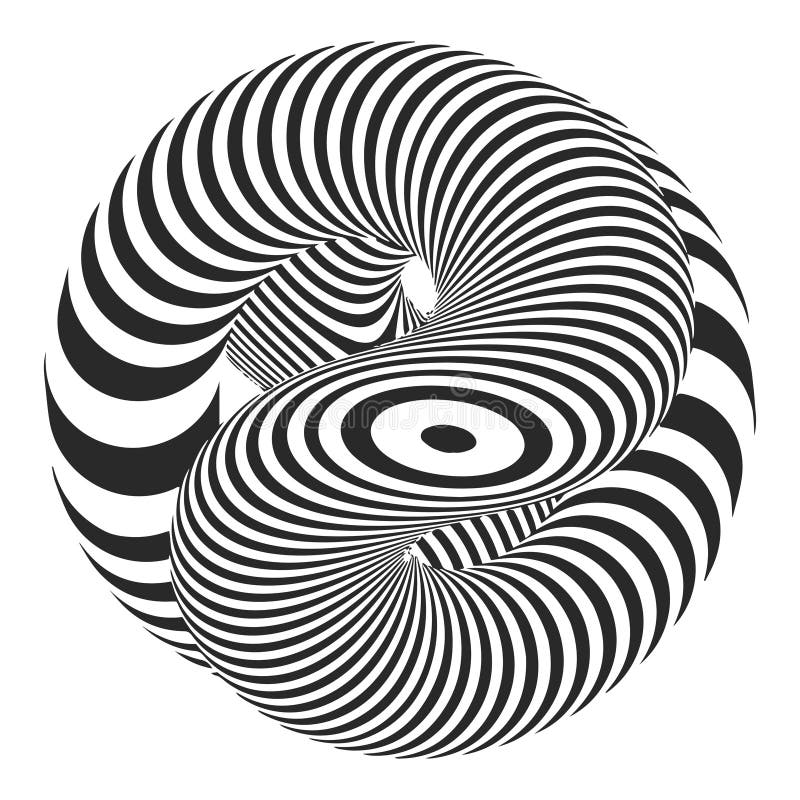 Vector spiral diagonal swirls sphere with optical illusion effect. Abstract 3d black and white illusions. Horizontal