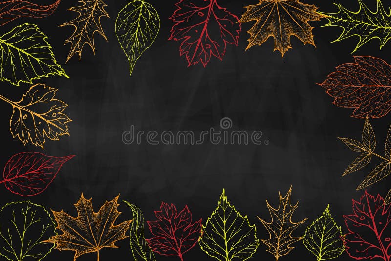 Vector square frame with autumn leaves on black chalkboard. fall background on blackboard. Autumn banner, poster flyer royalty free illustration Vector square frame with autumn leaves on black chalkboard. fall background on blackboard. Autumn banner, poster flyer royalty free illustration