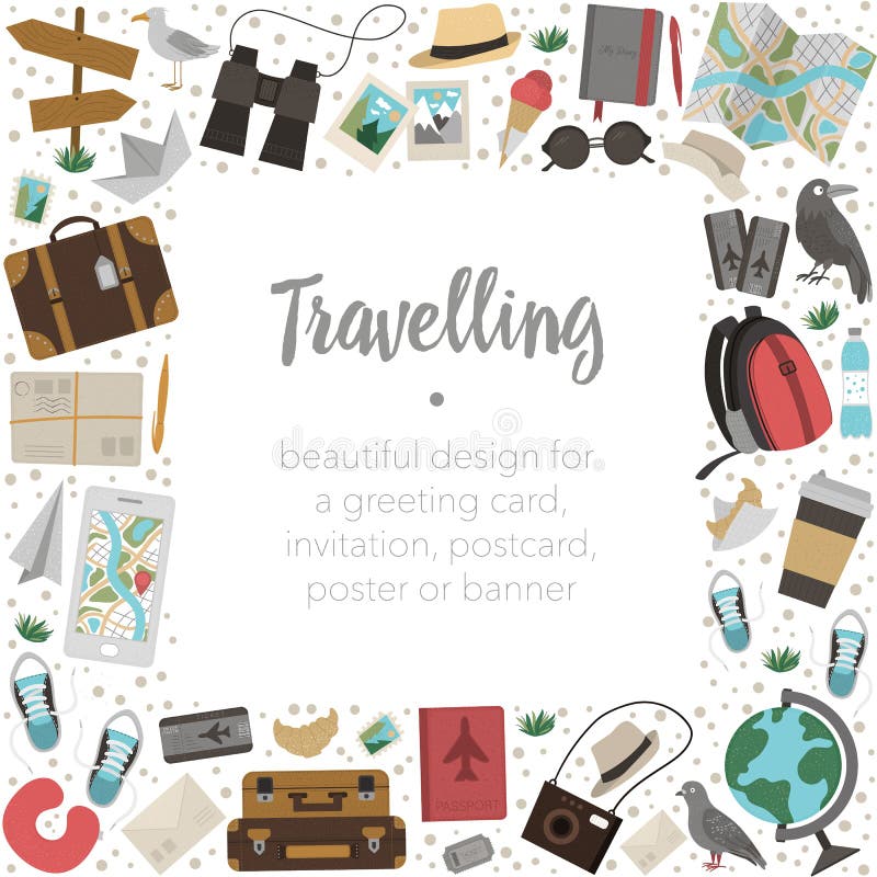 Vector Square Frame with Travelling Objects. Journey Elements Banner ...