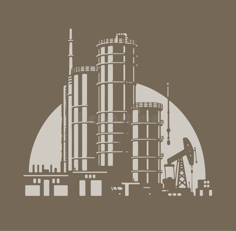 Vector stencil artwork of a petroleum refinery and storage terminal against a dark backdrop vector illustration