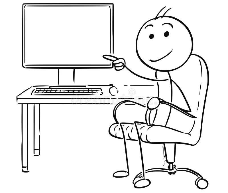 Vector Stick Man Cartoon of Man Pointing at Empty Computer