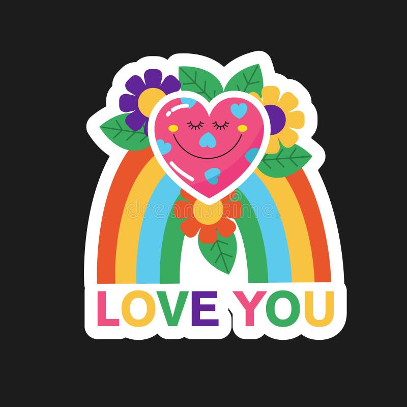 Vector Sticker. a Heart in Love with Flowers on a Rainbow Stock Vector Illustration of