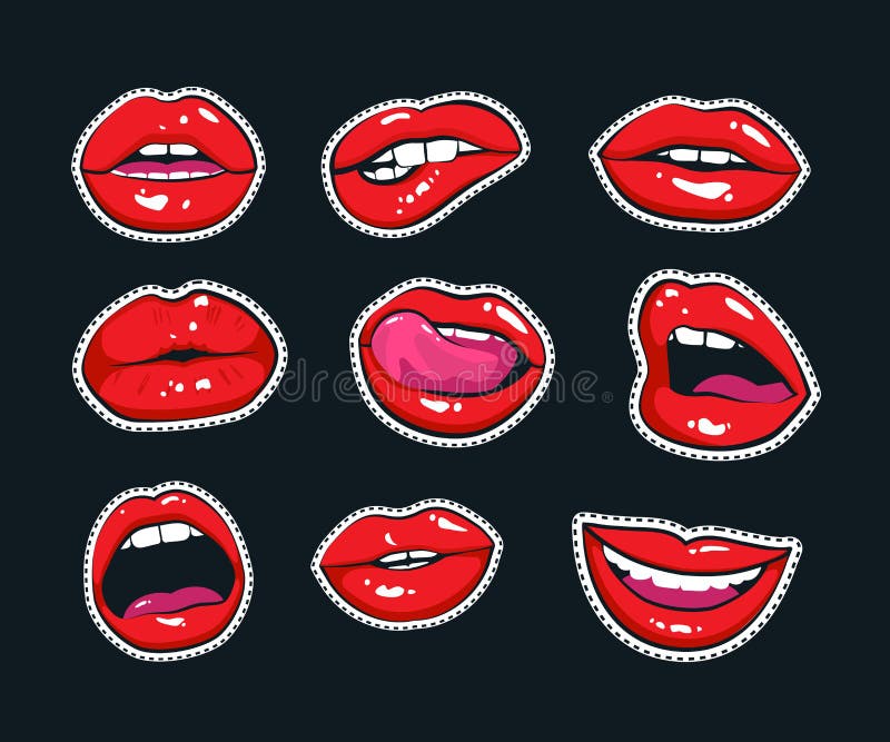 Vector Stickers Kit Of Girl Lips Mouth With A Kiss Smile Tongue And