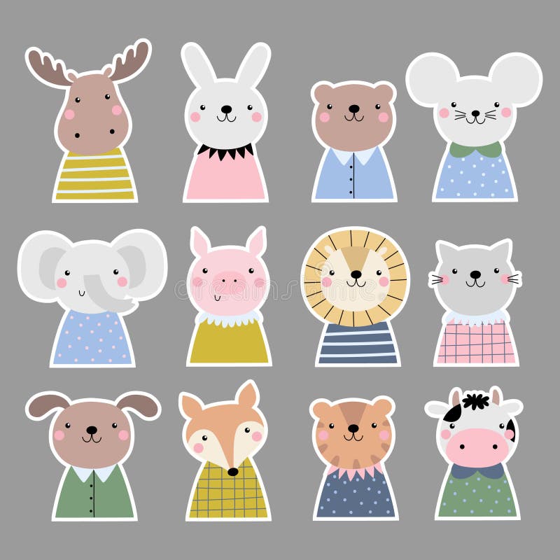 Vector Stickers Set with Cute Animals Stock Illustration Illustration