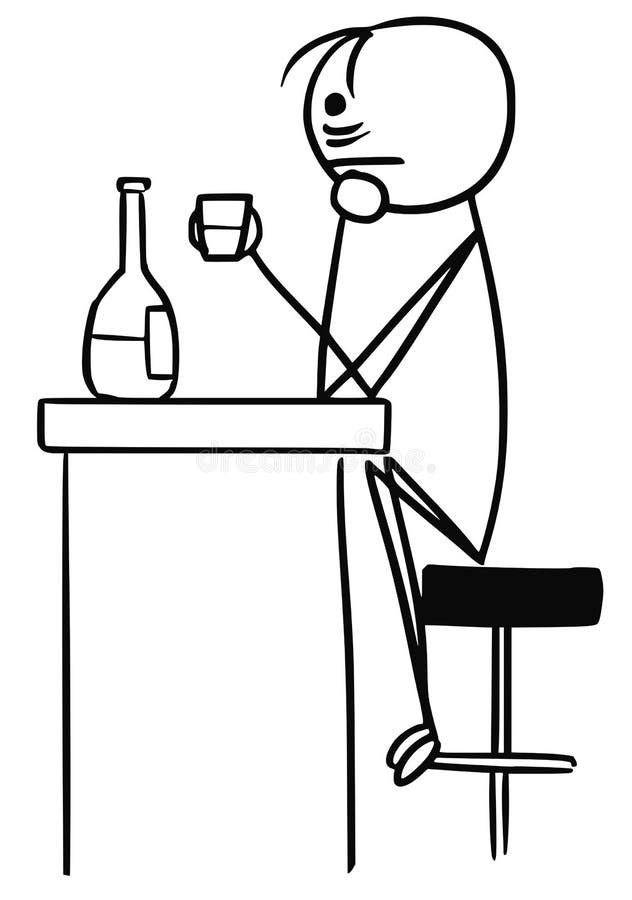 Vector Stickman Cartoon of Sad Man in Depression Drinking Alone