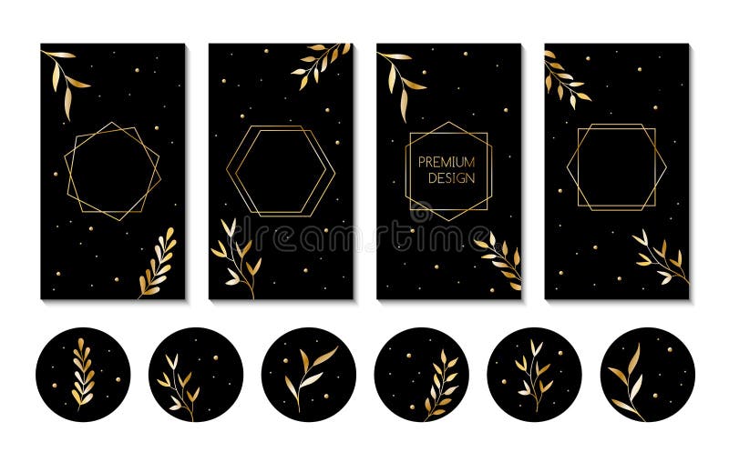 Vector Stories Templates and Highlight Cover Icons for Social Media.  Abstract Black Backgrounds with Golden Leaves Stock Vector - Illustration  of simple, cover: 220261327