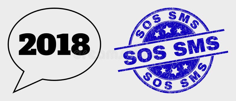 Vector Linear 2018 Message Balloon Icon and Grunge Sos SMS Stamp Seal stock illustration Vector Linear 2018 Message Balloon Icon and Grunge Sos SMS Stamp Seal stock illustration