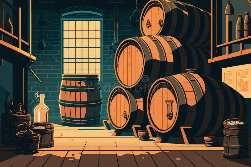 Vector Style Art of a Distillery Interior with Distilled Spirits in Barrels and Bottles Stock