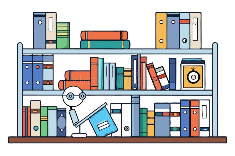 Vector style library illustration featuring neatly arranged books, binders, and a modern AI gadget, symbolizing the future of education and learning.