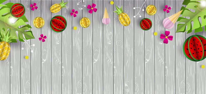 Vector summer background with wooden texture and tropical fruits. Lemon, water-melon, pineapple and ice cream paper cut volume 3d