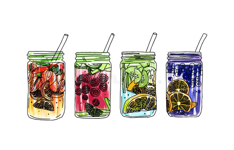 Hand drawn vector summer ice drink with citrus and berries. Lemon and mint. Detox water sketch. Linear illustration.