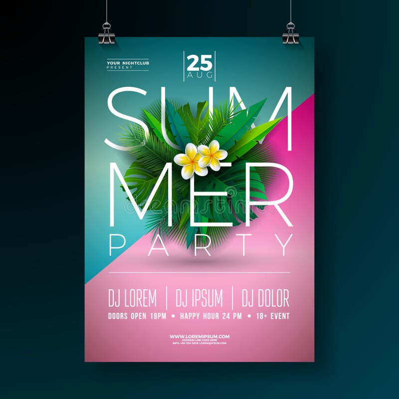 Vector Summer Party Flyer Design with Flower and Tropical Palm Leaves on Blue and Pink Background. Summer Holiday