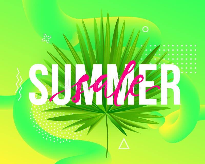 Vector Summer sale trendy illustration. Modern background with liquid fluid shapes, tropical palm leaf and geometric elements stock illustration Vector Summer sale trendy illustration. Modern background with liquid fluid shapes, tropical palm leaf and geometric elements stock illustration