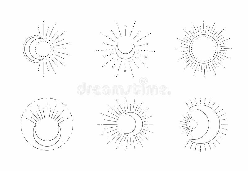 Vector Sun And Moon Line Design Outline Suns Symbols Moon Element Icon Set Isolated On White Background Stock Vector Illustration Of Boho Abstract