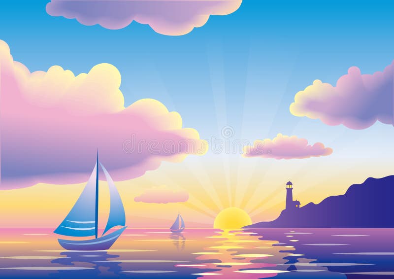 Vector sunset or sunrise seascape with sailboat and lighthouse stock illustration Vector sunset or sunrise seascape with sailboat and lighthouse stock illustration