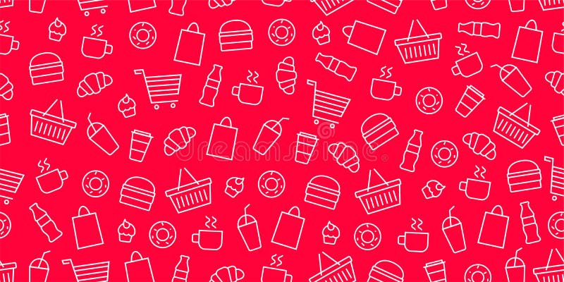 Vector Supermarket Shop Fast Food Pattern. Food and Goods Seamless Red Background Stock Vector - Illustration of cream, doodle: 153008611 Vector Supermarket Shop Fast Food Pattern. Food and Goods Seamless Red Background Stock Vector - Illustration of cream, doodle: 153008611