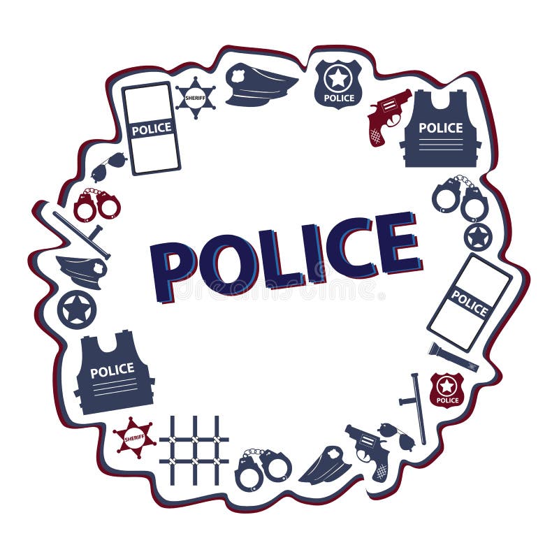 Vector símbolos da polícia do projeto no formulário redondo com cores escuras ilustração stock Vector símbolos da polícia do projeto no formulário redondo com cores escuras ilustração stock