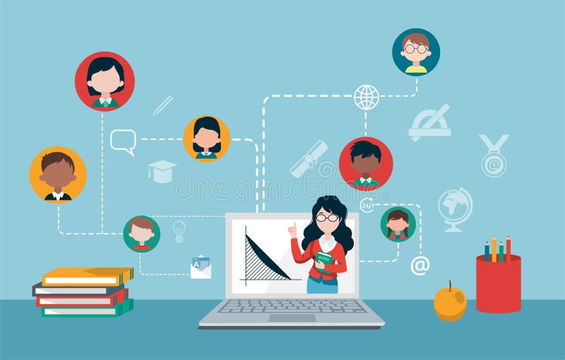 Vector of a teacher and group of children studying online royalty free illustration