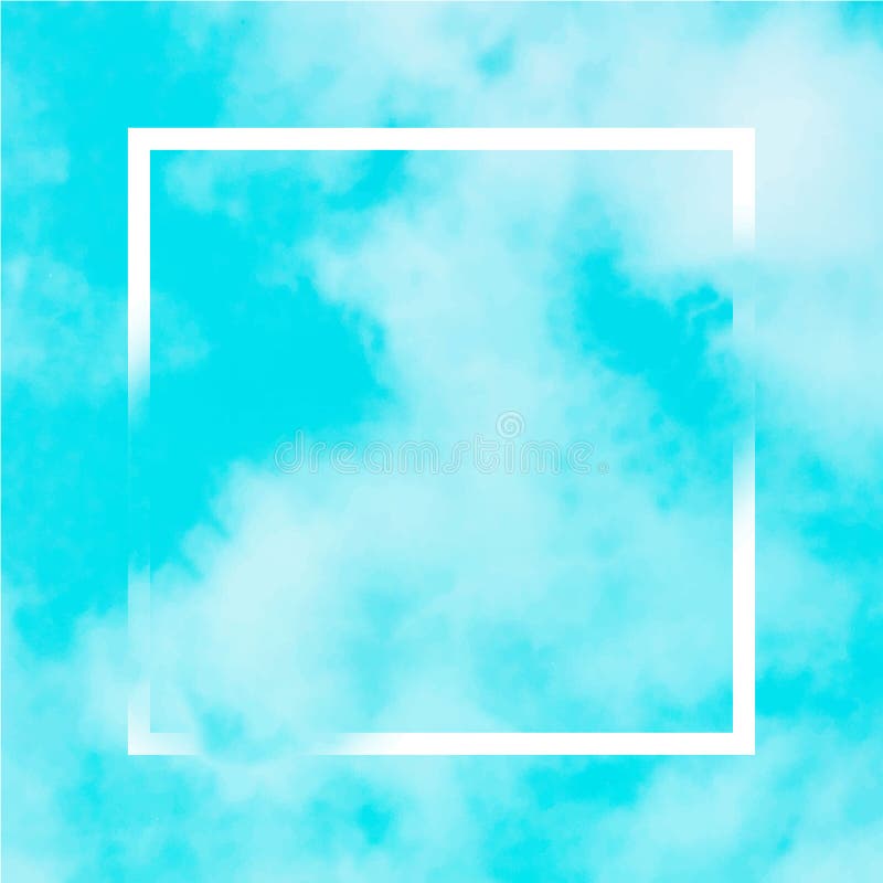 Vector teal blue sky background with white clouds and a square frame, an abstract design template