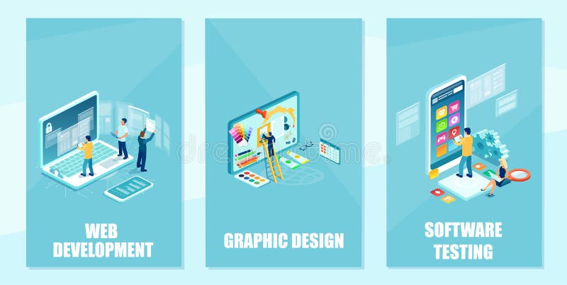 Vector of an IT team and graphic designer developing website, programming,coding fixing bugs and testing mobile apps royalty free illustration
