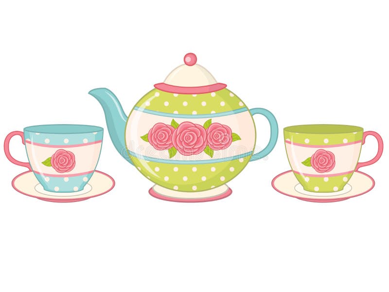 Vector Tea Pot with Tea Cups and Saucers