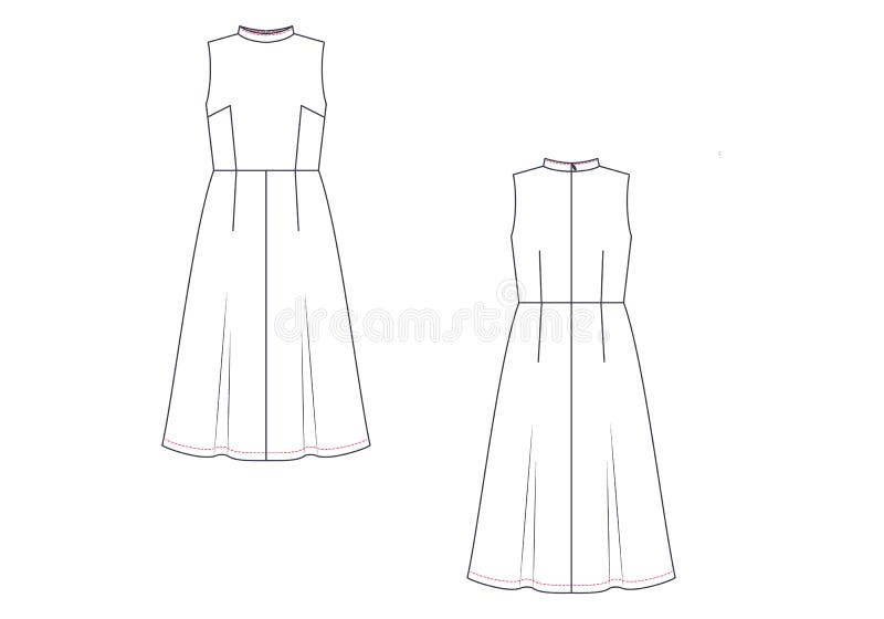 Vector Technical Sketch of Sleeveless Dress. Fashion Template Stock