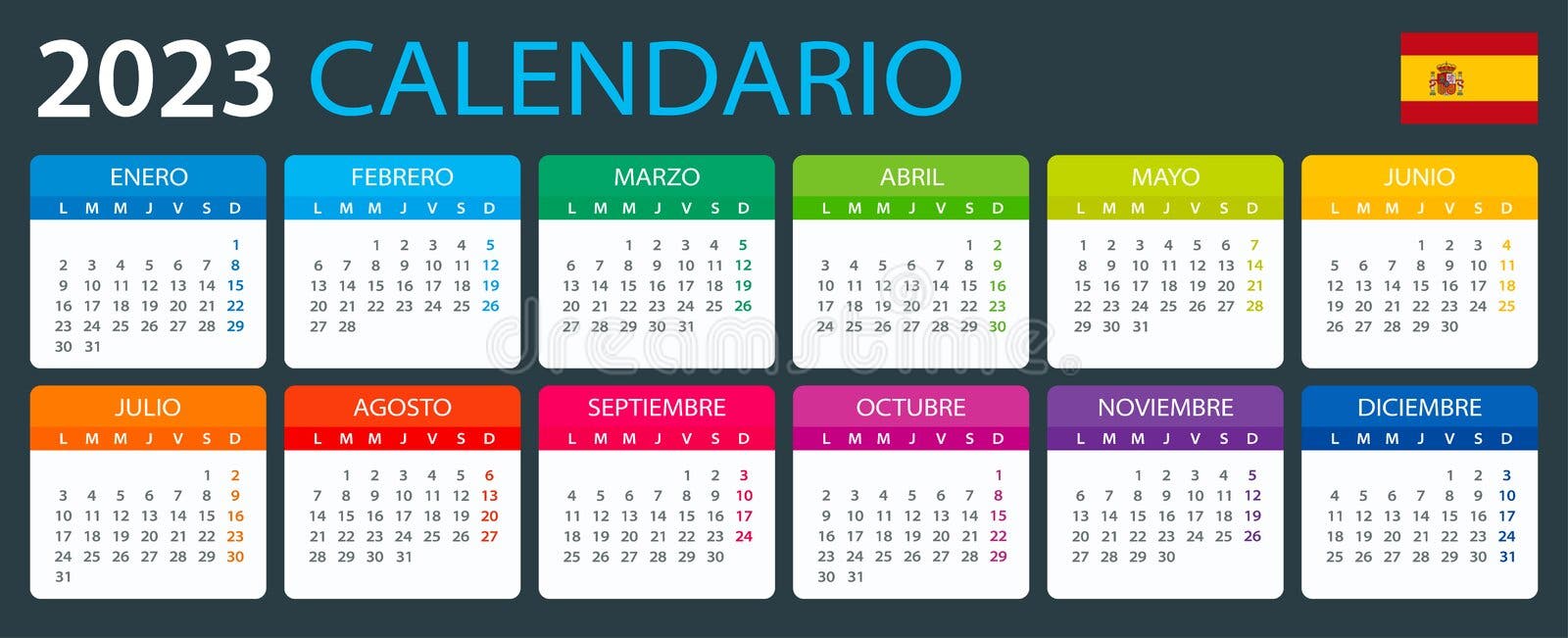 Vector template of color 2023 calendar - Spanish version stock illustration