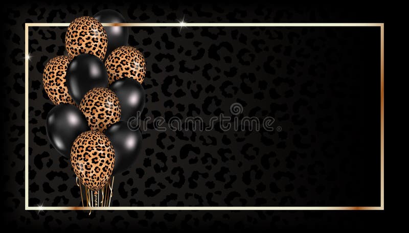 Vector template with 3d realistic leopard print and black balloons in golden frame stock illustration
