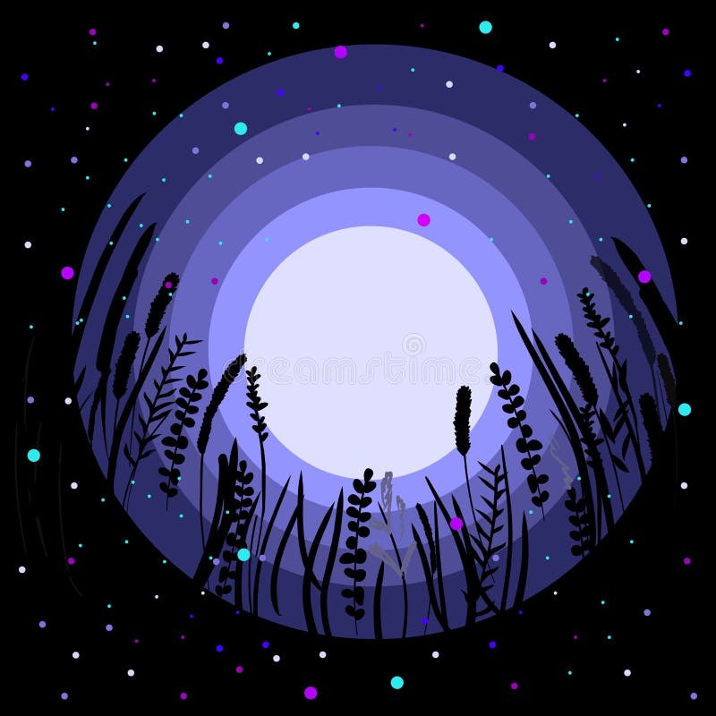 Vector template, mockup, background or banner. Violet shining moon, grass, glittering stars, dots. Cosmos, galaxy, fairy colors. royalty free illustration