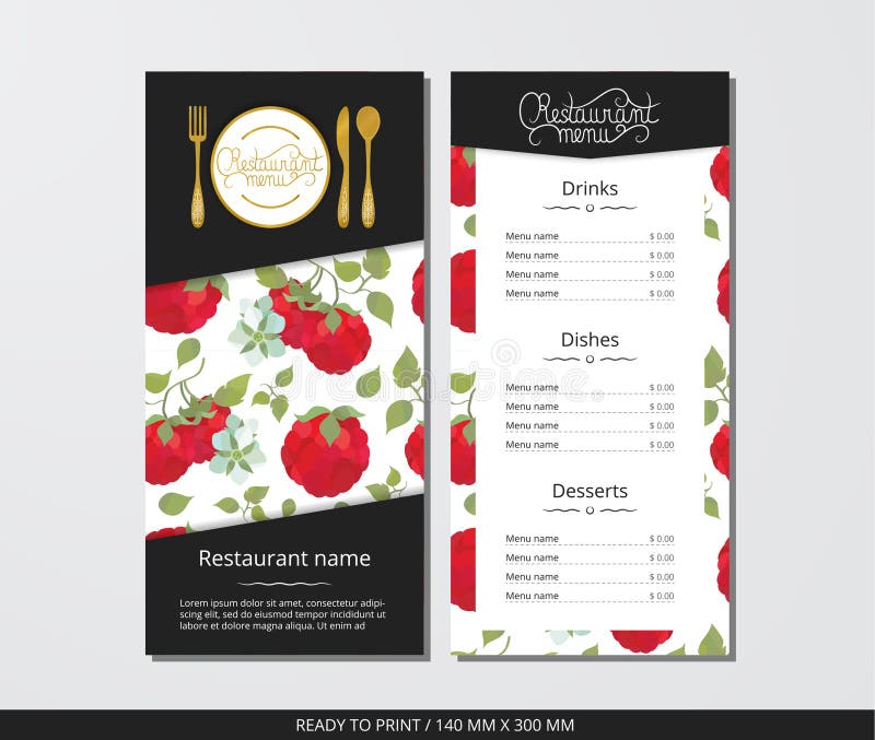 Vector Template Restaurant Menu with Gold Cutlery and Raspberries Stock